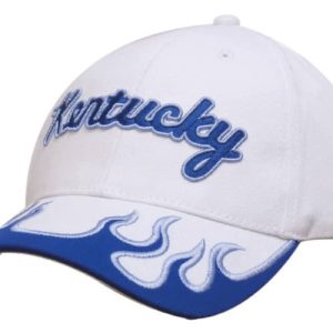 A white cap with a blue peak featuring flame designs, decorated with "Kentucky" embroidered in blue.