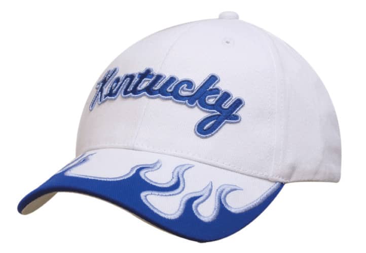 A white cap with a blue peak featuring flame designs, decorated with 
