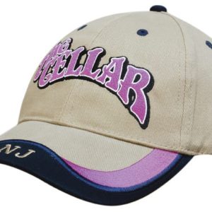 A beige cotton cap with a peak indent, featuring embroidered text and a navy blue underside. It has a logo on the side.