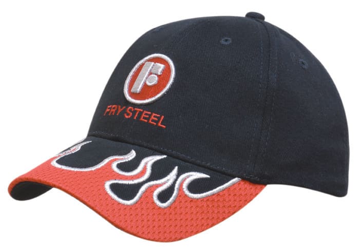 A black and red cap featuring a mesh indented peak adorned with flame designs and a logo on the front.