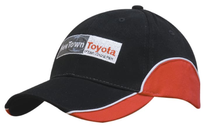 A black cap with red peak and crown trimmed inserts, featuring a logo on the front.
