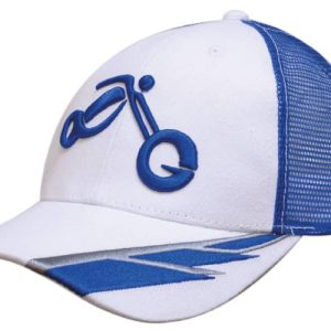 A white cap with blue mesh and embroidery at the peak, featuring a design and a logo.
