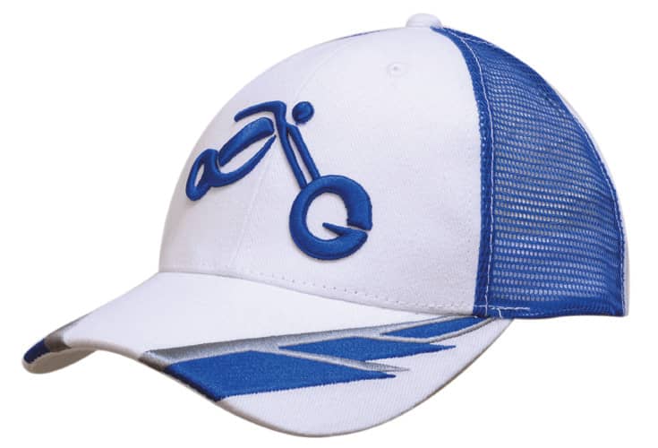 A white cap with blue mesh and embroidery at the peak, featuring a design and a logo.