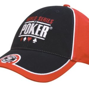 A black and red cap featuring a logo and piping detail, designed with a peak indent.