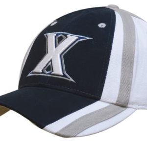 A navy blue and white cap with indented contrasting panels and a logo on the front.