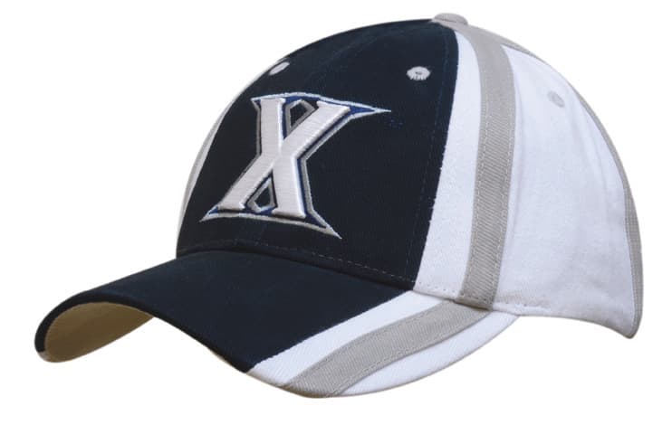 A navy blue and white cap with indented contrasting panels and a logo on the front.
