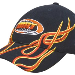 A black cap made of brushed heavy cotton featuring flame embroidery and a logo.
