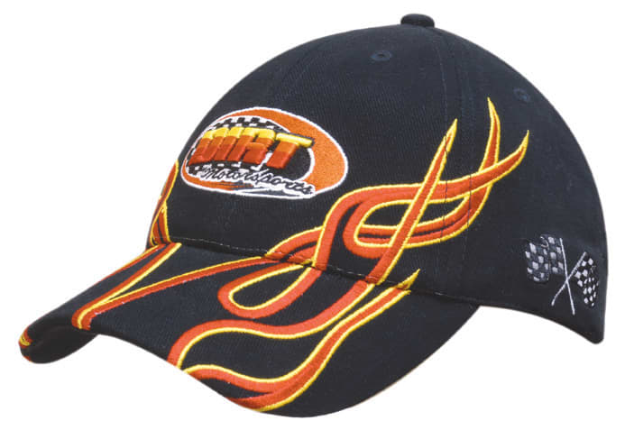 A black cap made of brushed heavy cotton featuring flame embroidery and a logo.