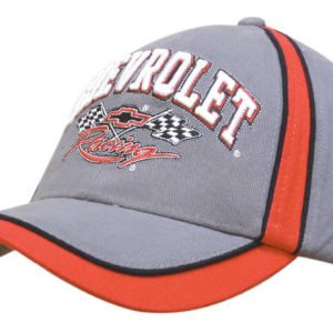 A grey cap with red piping, featuring a logo and racing-themed graphics on the front.