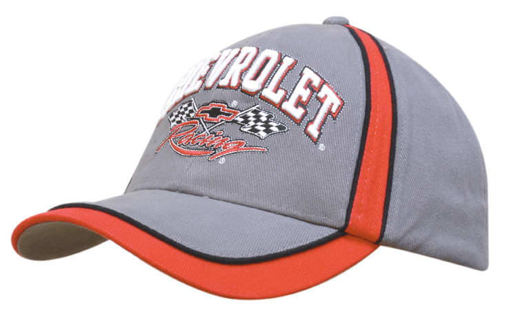 A grey cap with red piping, featuring a logo and racing-themed graphics on the front.