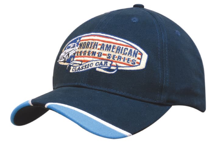 A navy blue cap with piped peak indents and a logo featuring classic car themes.