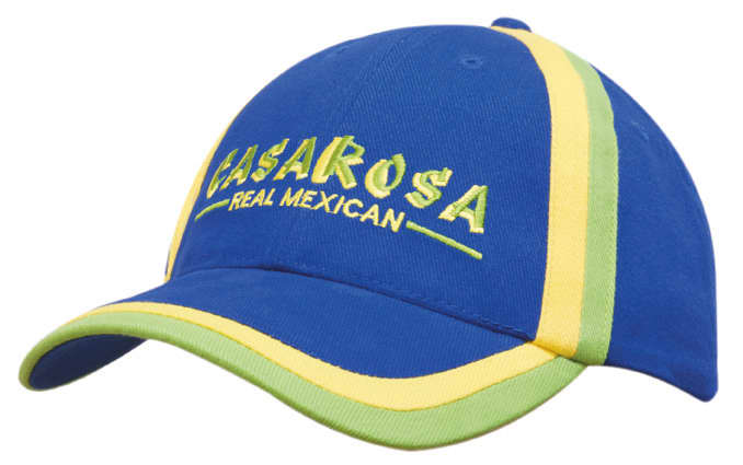 A blue cap with yellow and green trim, featuring a logo on the front. Suitable for casual wear.