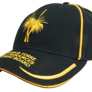 A black cap with yellow embroidered lines on the peak and crown, featuring a logo on the front.