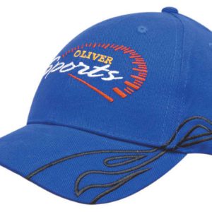 A blue cap featuring swirl embroidery and a logo on the front, designed for sports activities.