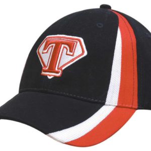 A black cap with red and white accents, featuring a logo on the front crown and a structured peak.