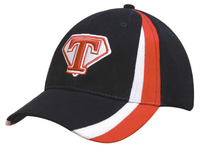 A black cap with red and white accents, featuring a logo on the front crown and a structured peak.