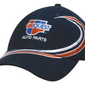A navy cap with wave embroidery and a logo. The cap features a curved brim and a structured design.