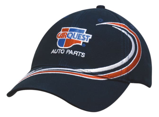A navy cap with wave embroidery and a logo. The cap features a curved brim and a structured design.