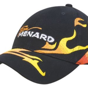 A black cap featuring allover flame embroidery in orange and yellow, with a logo on the front.