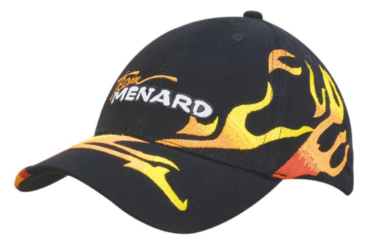 A black cap featuring allover flame embroidery in orange and yellow, with a logo on the front.