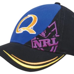 A cap featuring a blue, black, and purple design, with a logo and a double striped peak.
