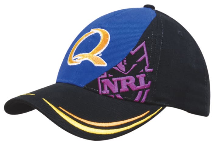 A cap featuring a blue, black, and purple design, with a logo and a double striped peak.