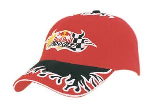 A red cap featuring flame embroidery on the peak and crown, with a logo on the front.