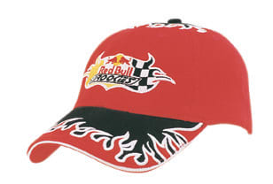 A red cap featuring flame embroidery on the peak and crown, with a logo on the front.