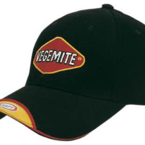 A black cap with a sandwich peak and indent featuring a logo. The cap has red and yellow accents.