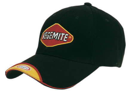 A black cap with a sandwich peak and indent featuring a logo. The cap has red and yellow accents.