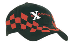 A black cap with red checked embroidery and a logo on the front.