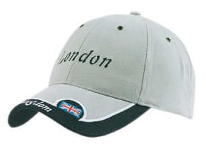 A beige cap with a trimmed peak insert, featuring a logo and the word "London".