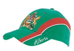A green cap with an embroidered peak insert, featuring a logo and a red stripe along the side, labelled "Alberta."