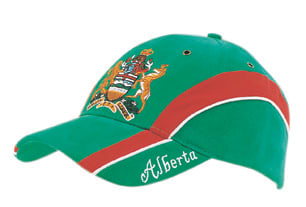 A green cap with an embroidered peak insert, featuring a logo and a red stripe along the side, labelled 