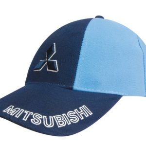 A blue and navy cap with a logo and embroidered text on the front.