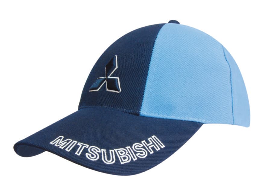 A blue and navy cap with a logo and embroidered text on the front.