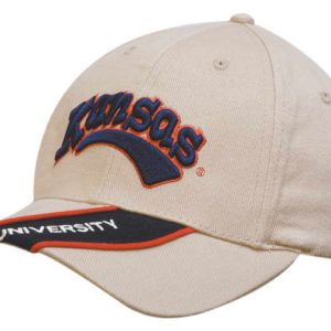 A beige cap with a curved peak, featuring a logo and piping along the brim.