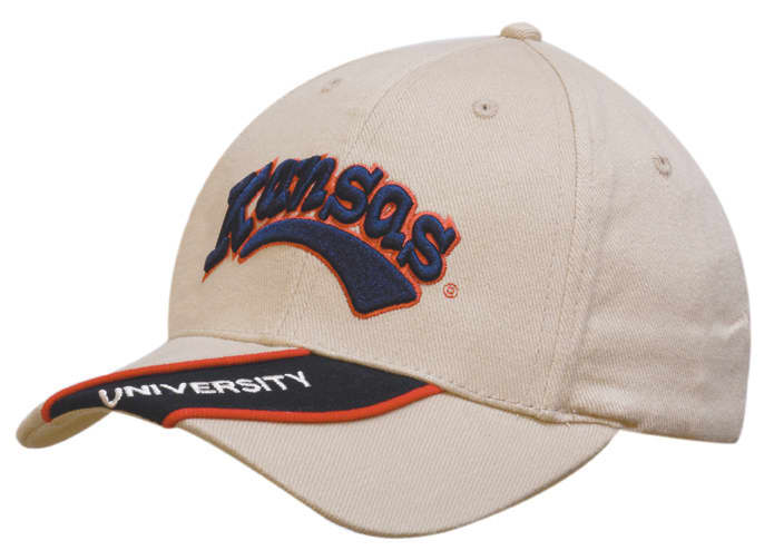 A beige cap with a curved peak, featuring a logo and piping along the brim.