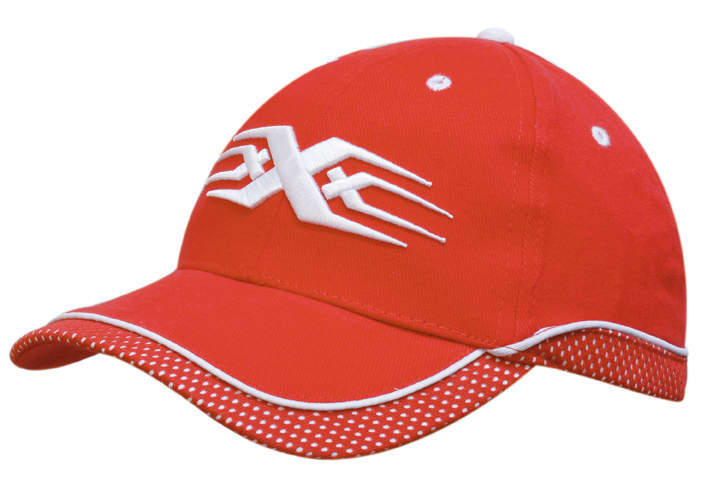 A red cap featuring a mesh trim and piping, with a logo on the front.