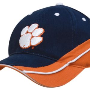 A navy cap with an orange peak and sandwich detail, featuring a logo on the front and white stitching.