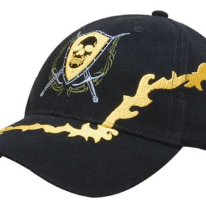 A black cap featuring a lightning bolt embroidery in yellow, with an emblem showcasing a skull and crossed swords.