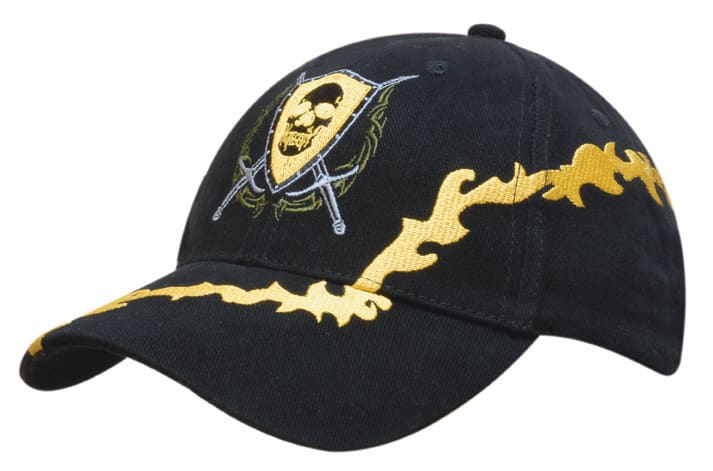 A black cap featuring a lightning bolt embroidery in yellow, with an emblem showcasing a skull and crossed swords.
