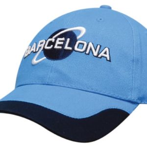 A blue cotton cap with a contrasting peak trim and a logo on the front.