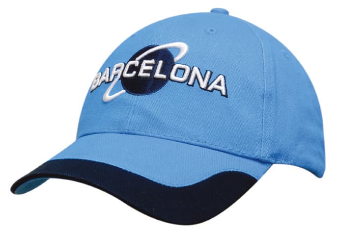 A blue cotton cap with a contrasting peak trim and a logo on the front.
