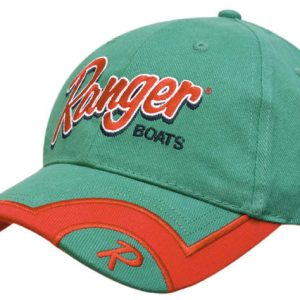 A green cap with an embroidered logo and trim in orange. It features a peak indent design.
