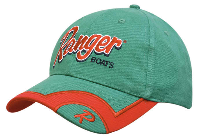 A green cap with an embroidered logo and trim in orange. It features a peak indent design.