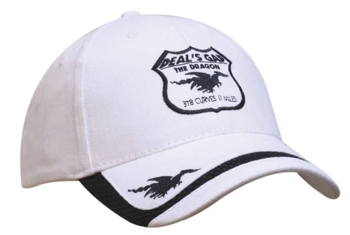 A white brushed heavy cotton cap with a mesh peak indent and an embroidered logo.