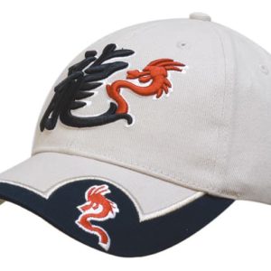 A beige cap with a navy peak insert and embroidered dragon designs, featuring a logo on the front.