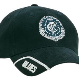 A dark blue cap with a trimmed peak insert and a logo on the front. It features the word "BLUES" on the side.