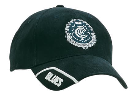 A dark blue cap with a trimmed peak insert and a logo on the front. It features the word 